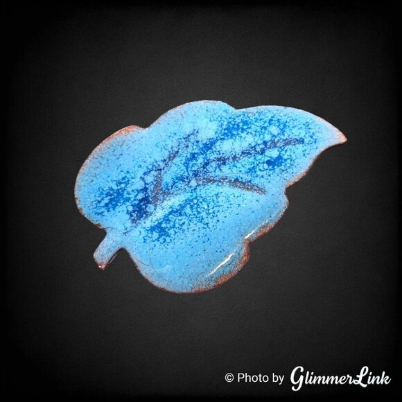 Vintage Blue Leaf Enamel Copper Nature Themed Brooch Pin - Picture 1 of 7